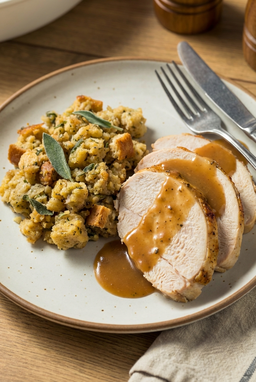 A plate with a scoop of herb stuffing next to sliced roast turkey and gravy