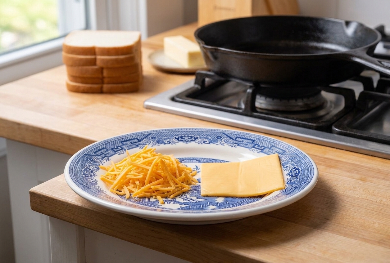A plate with a small mound of shredded sharp cheddar and a single slice of American cheese, ready for making grilled cheese on a kitchen counter