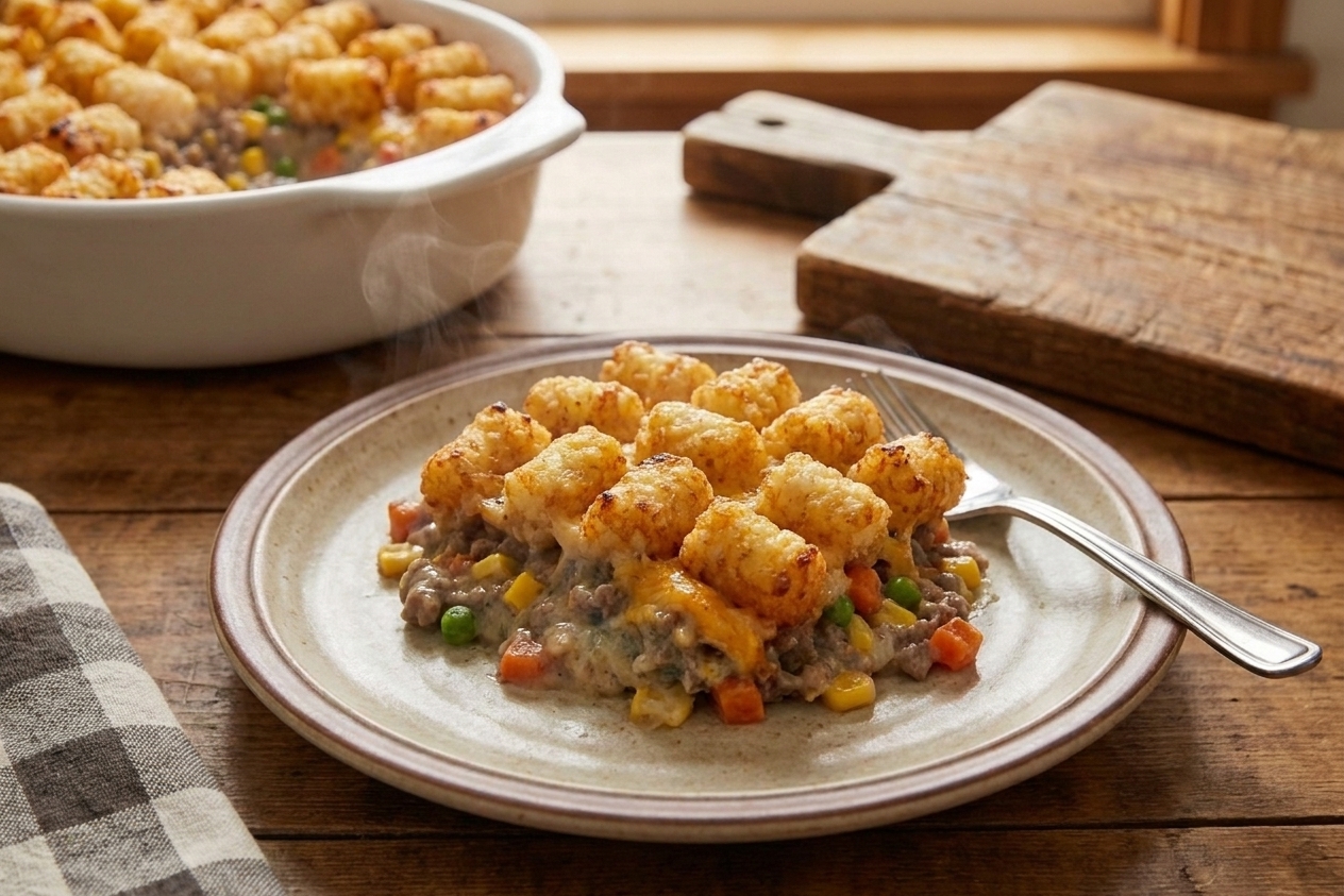 A plate with a square serving of tater tot hotdish showing crispy tots on top and creamy beef and vegetables underneath, set on a simple dinner table