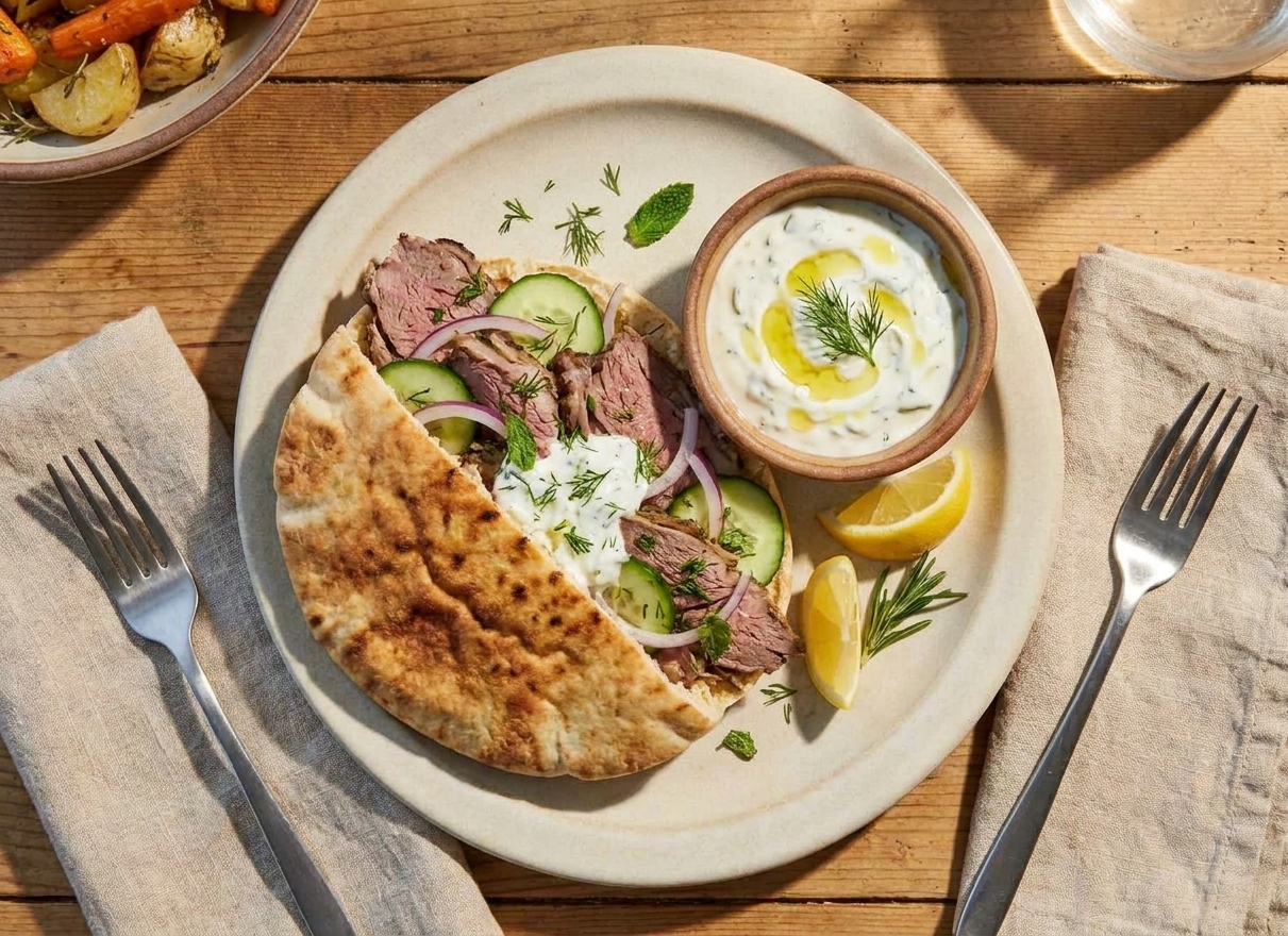 A plate with a warm pita filled with sliced leftover lamb, cucumber, red onion, and yogurt sauce beside a small bowl of extra sauce on a wooden table