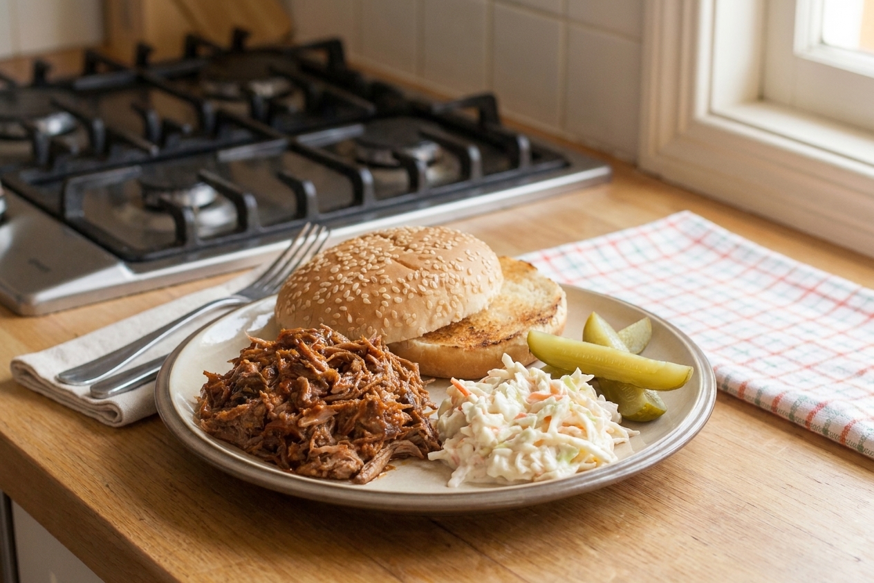 A plate with barbecue pulled pork, coleslaw, and pickles beside a toasted bun on a simple family dinner table
