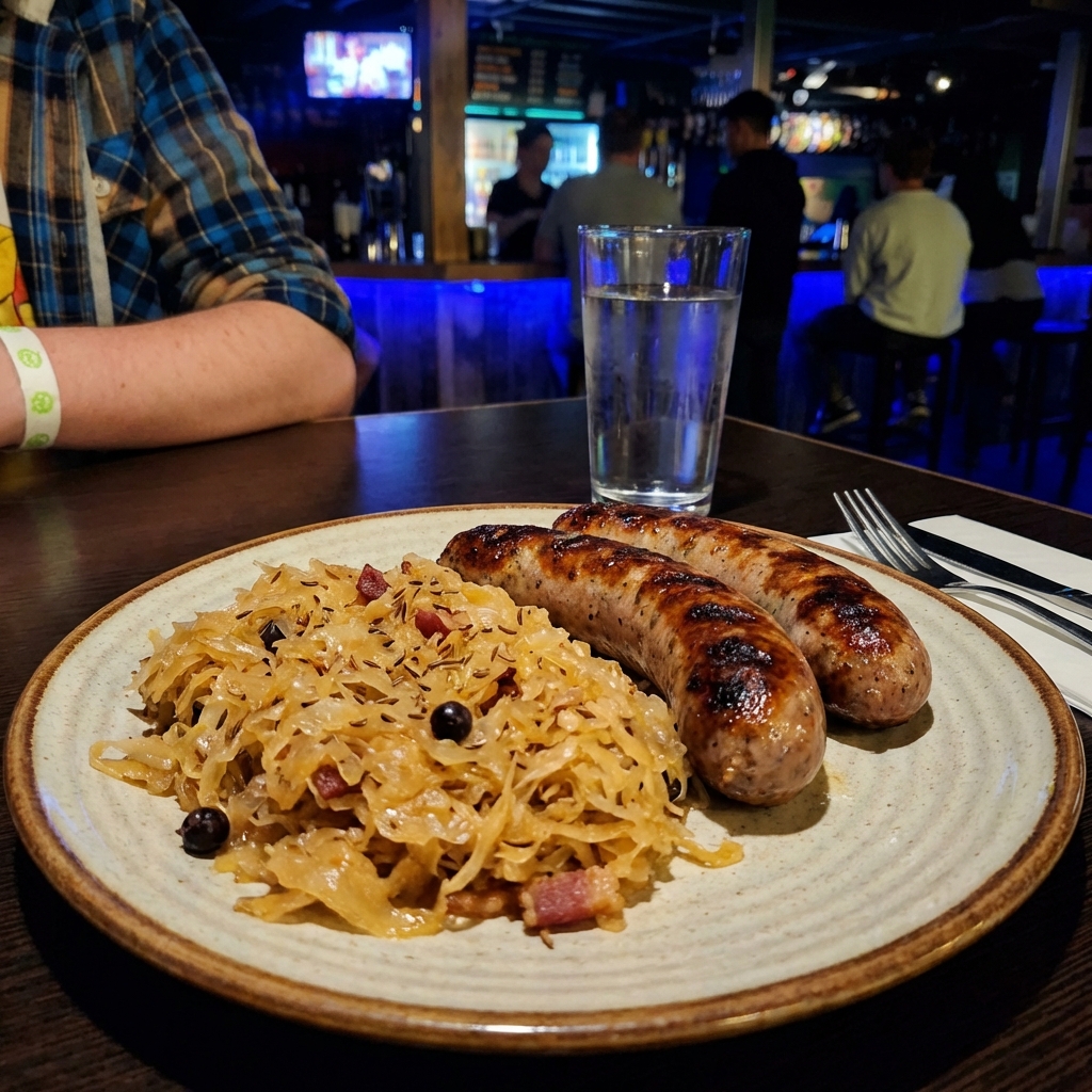 A plate with bratwurst and a generous scoop of spiced sauerkraut