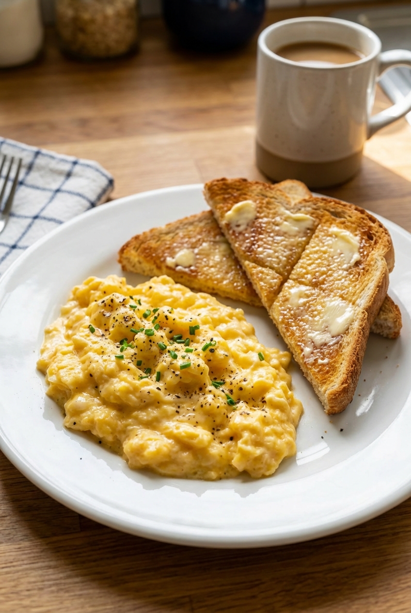 A plate with buttered toast cut into triangles next to scrambled eggs