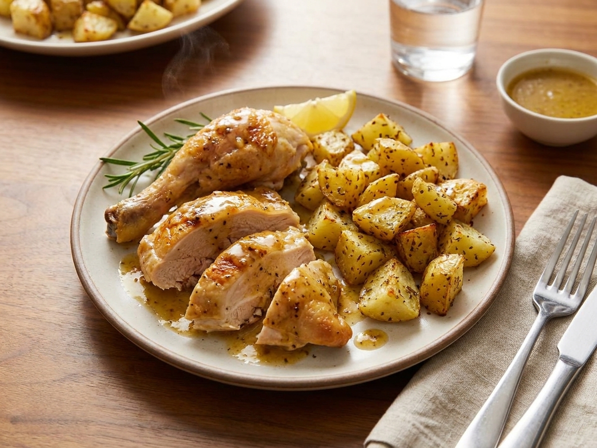 A plate with carved roast chicken, crispy potatoes, and spooned lemon pan sauce on a simple dinner table with warm lighting