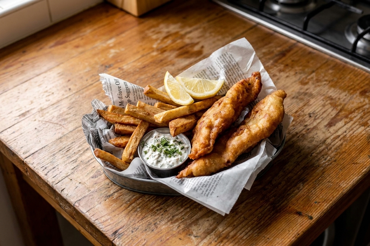 A plate with crispy fish and chips served with lemon wedges and tartar sauce on a wooden table in warm natural light