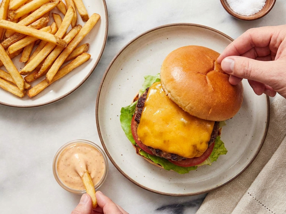 A plate with golden fries being dipped into a small bowl of creamy burger sauce beside a simple homemade cheeseburger