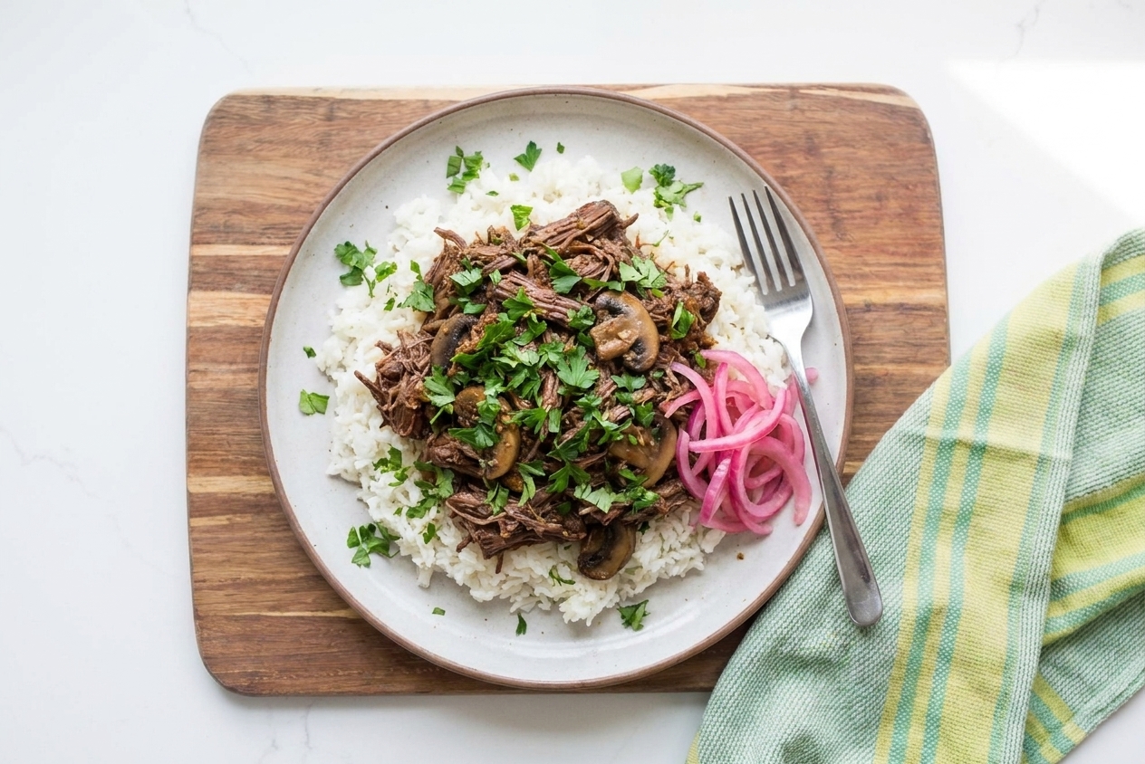 A plate with pulled beef over rice with chopped herbs and pickled onions, set on a wooden table with a fork and napkin