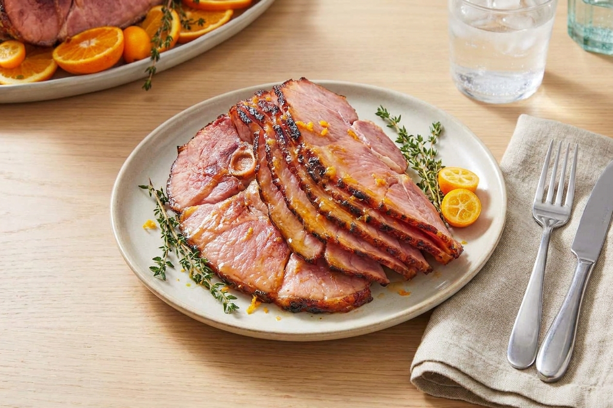 A plate with several slices of honey glazed ham, caramelized edges visible, served on a simple dinner table with a linen napkin