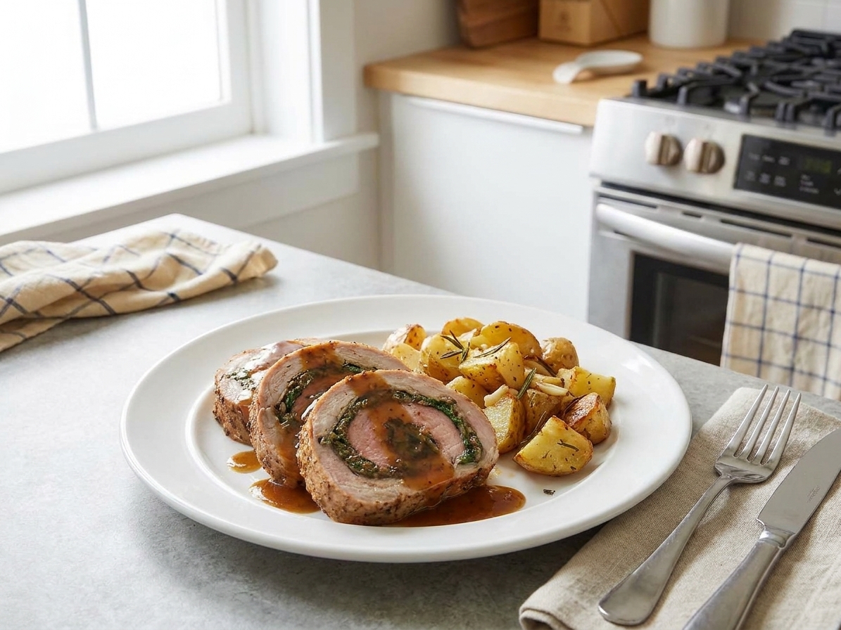 A plate with several slices of stuffed pork loin topped with a light pan sauce, served with roasted potatoes on a simple table setting