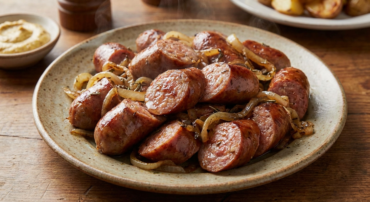 A plate with sliced, browned sausage links showing a juicy interior next to sautéed onions