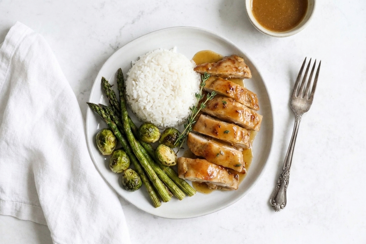 A plate with sliced honey mustard chicken drizzled with glossy sauce, served with rice and roasted green vegetables on a simple dinner table setting