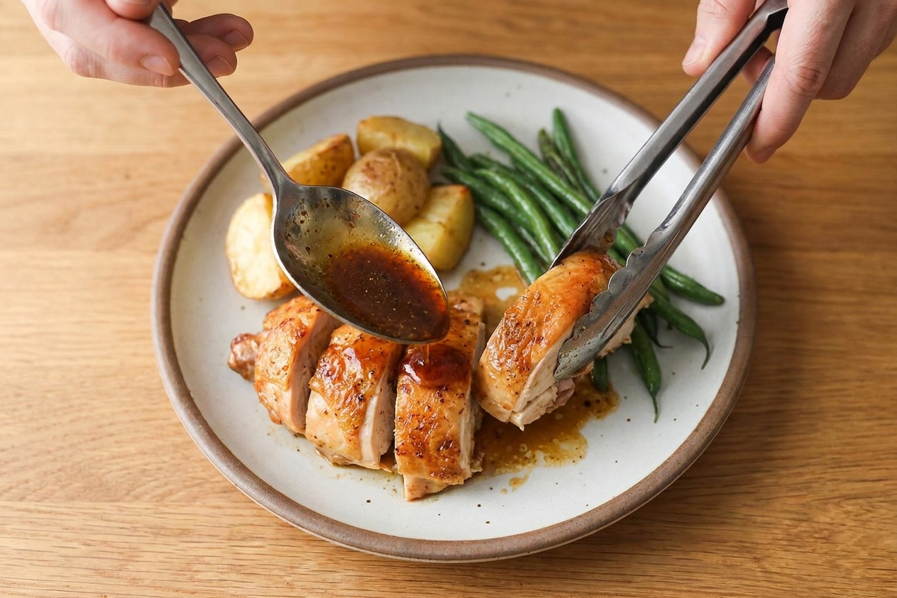 A plate with sliced roast chicken, crisp skin, and a spoonful of glossy pan juices, with simple side dishes on a dinner table