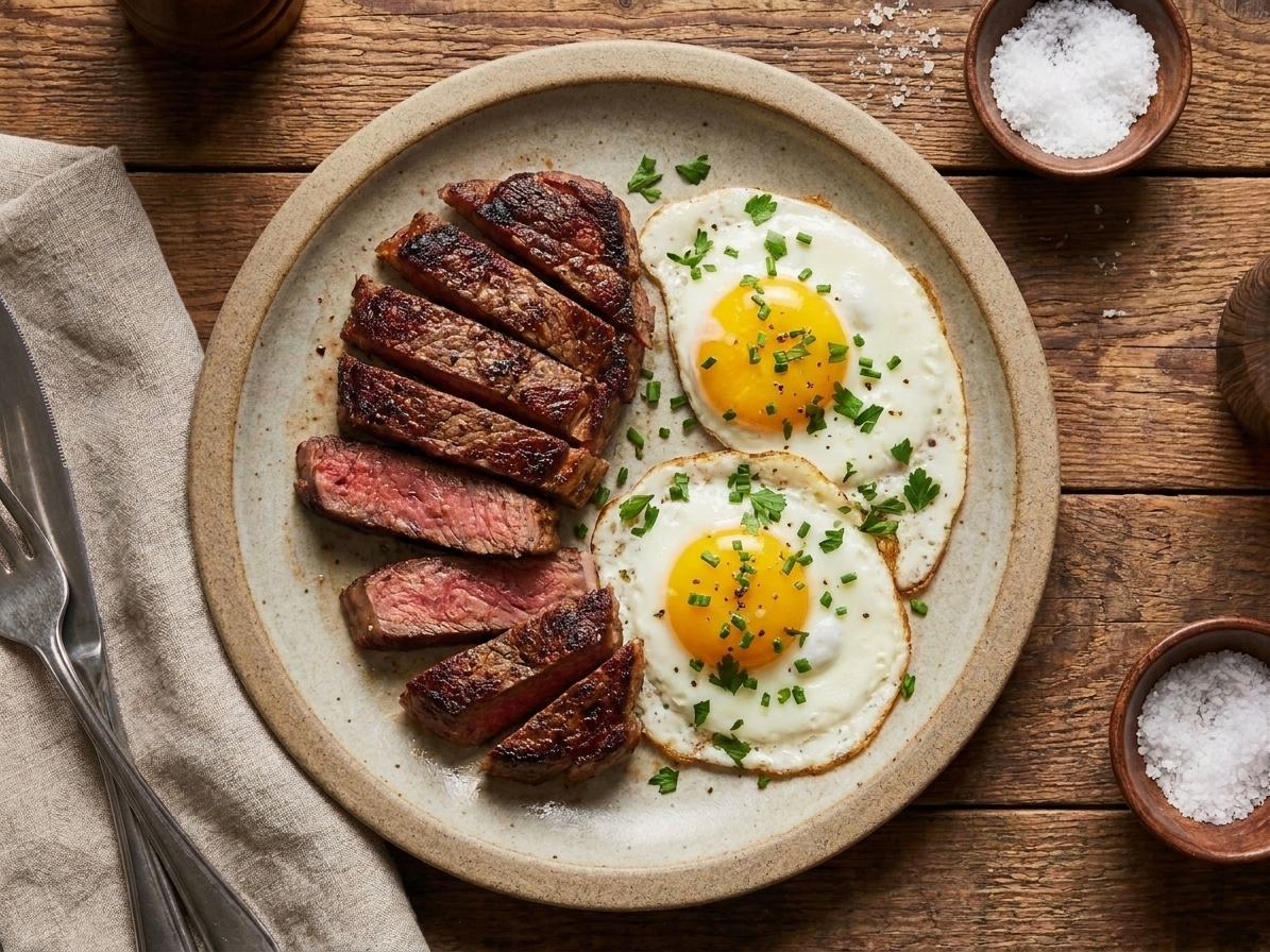A plate with sliced steak and two fried eggs, finished with chopped chives on a wooden table