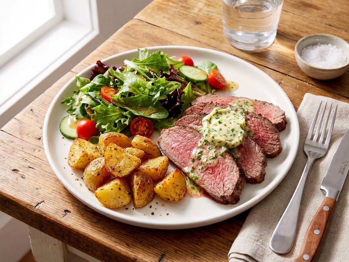 A plate with sliced tri-tip topped with melting herb butter, served with roasted potatoes and a green salad on a dining table