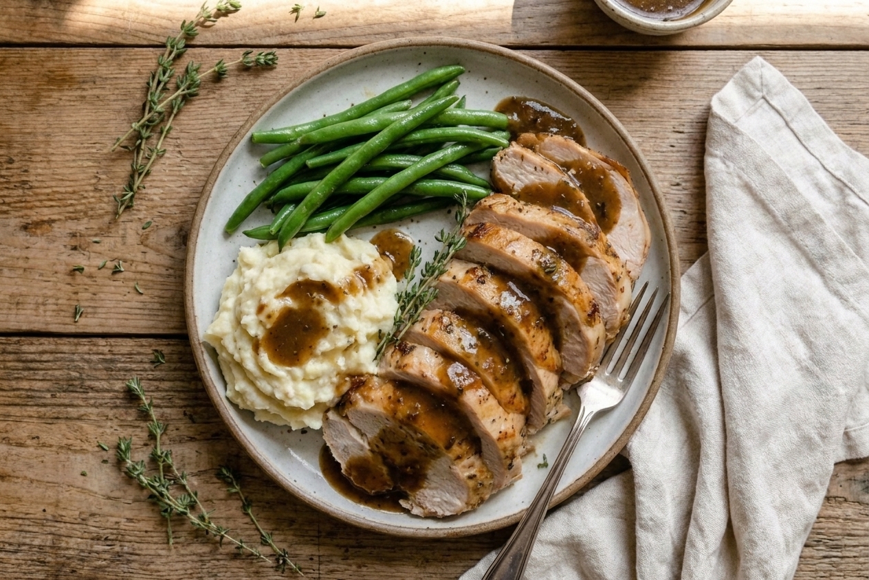 A plate with sliced turkey breast, mashed potatoes, green beans, and a spoonful of gravy on a simple stoneware plate