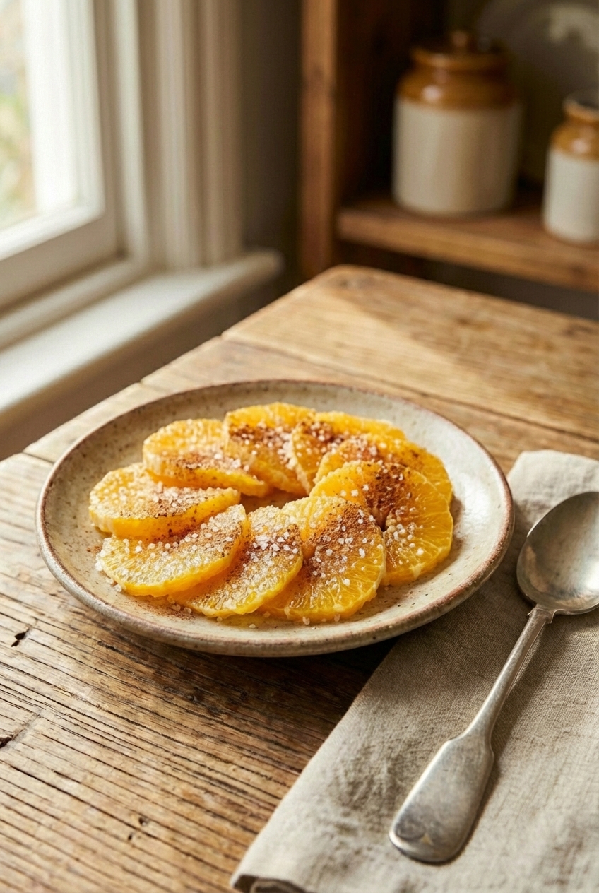 A plate with thinly sliced oranges sprinkled with sugar and cinnamon