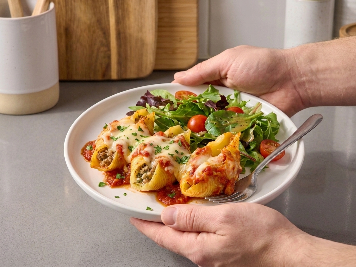 A plate with three stuffed shells covered in marinara and melted cheese, served at the table with a fork and a simple green salad