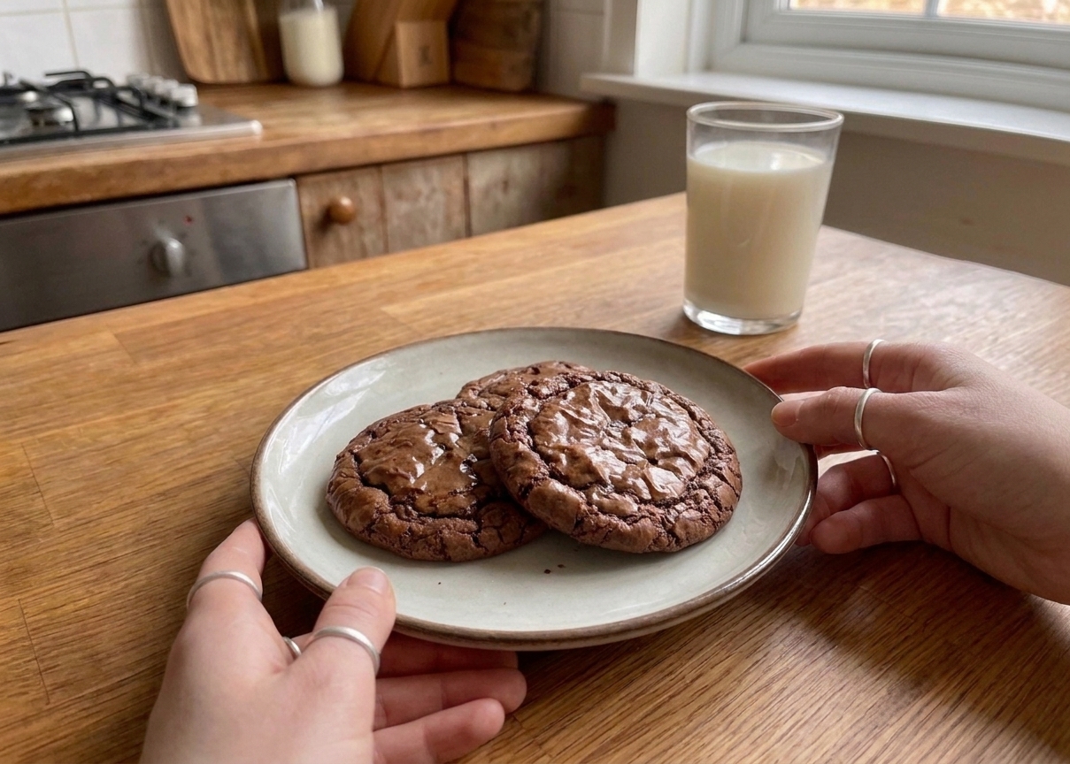 A plate with two brownie cookies and a glass of milk on a cozy kitchen table