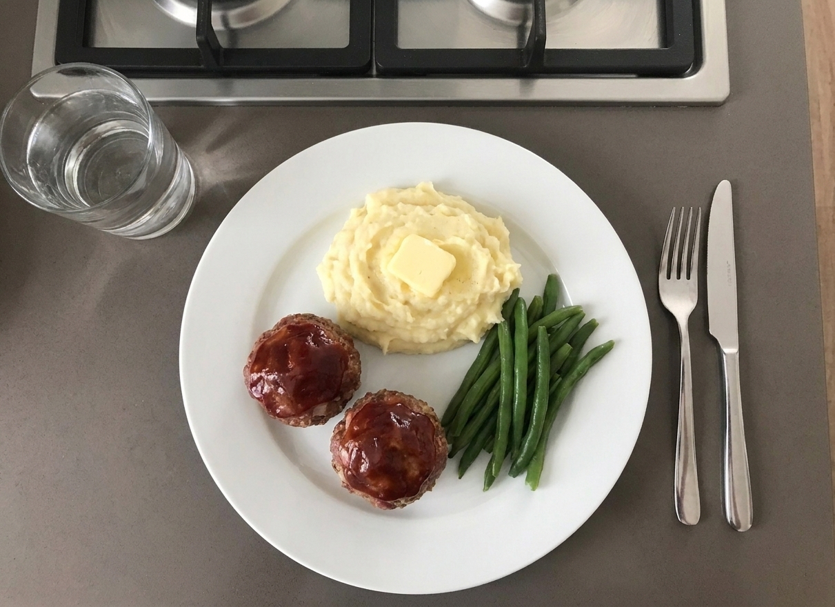 A plate with two glazed mini meatloaf muffins served beside mashed potatoes and green beans on a dinner table