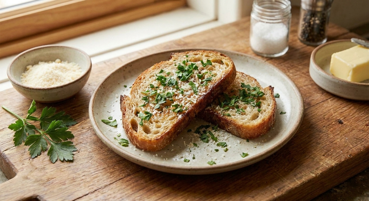 A plate with two golden fried bread slices topped with chopped parsley and a light dusting of grated Parmesan on a wooden table setting