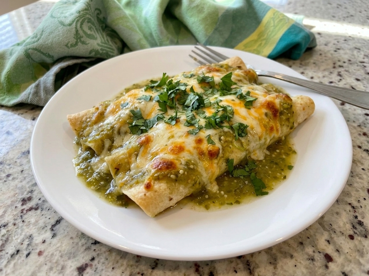 A plate with two green enchiladas covered in sauce and melted cheese, topped with cilantro, with a fork on the side at a kitchen table