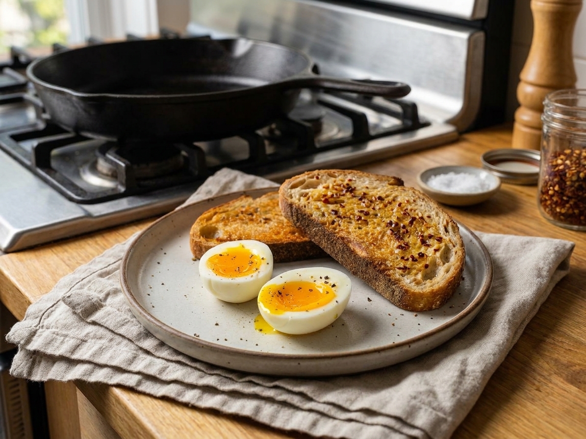 A plate with two jammy soft-boiled eggs cut open with glossy yolks, beside chili butter toast on a linen napkin on a bright kitchen table