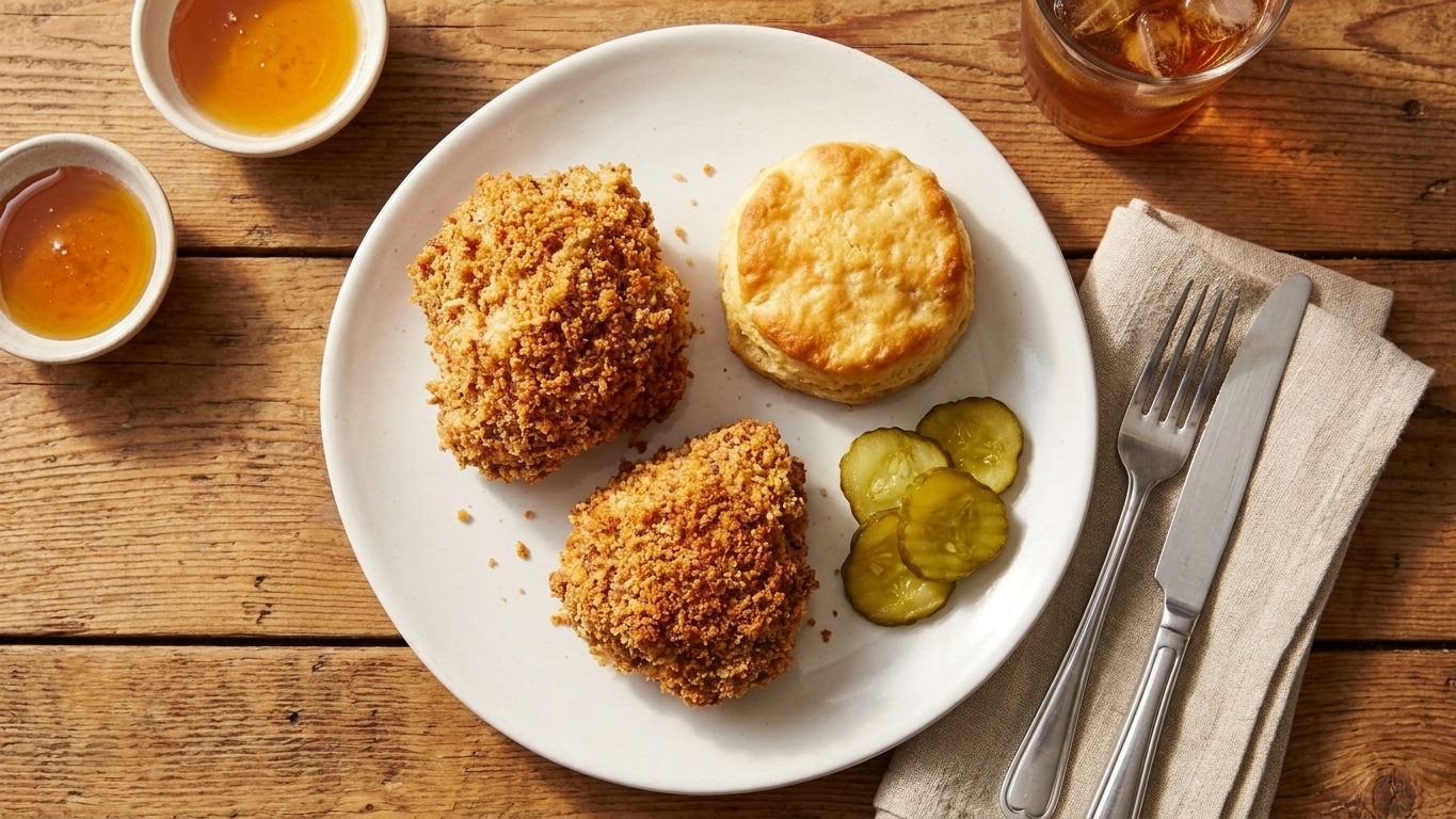 A plate with two pieces of crispy fried chicken beside a biscuit and pickles on a simple wooden table setting