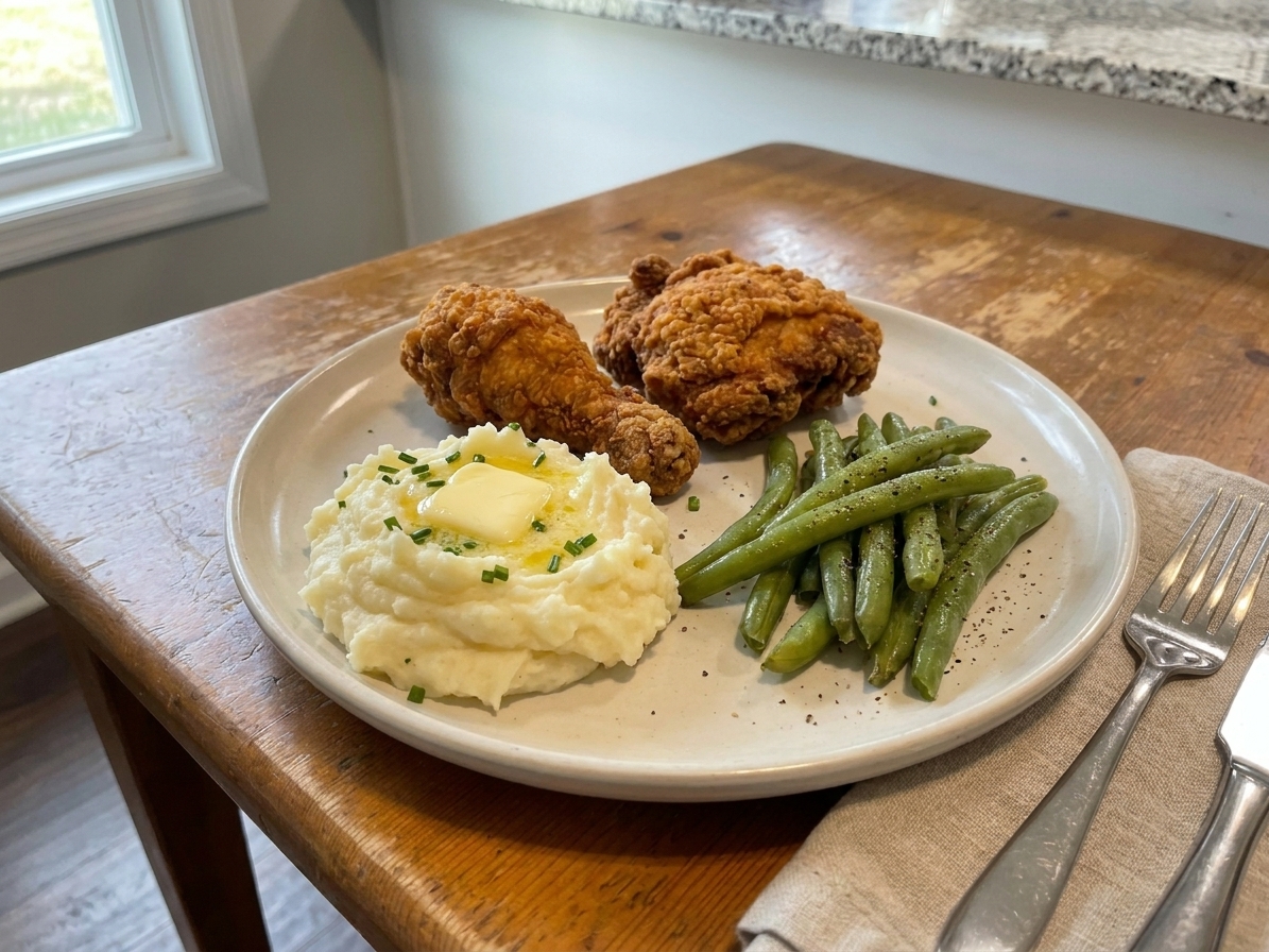 A plate with two pieces of crispy fried chicken, mashed potatoes, and green beans on a simple dinner table setting with warm natural light