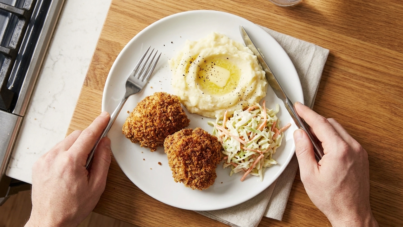 A plate with two pieces of crispy fried chicken served alongside mashed potatoes and coleslaw on a simple dining table