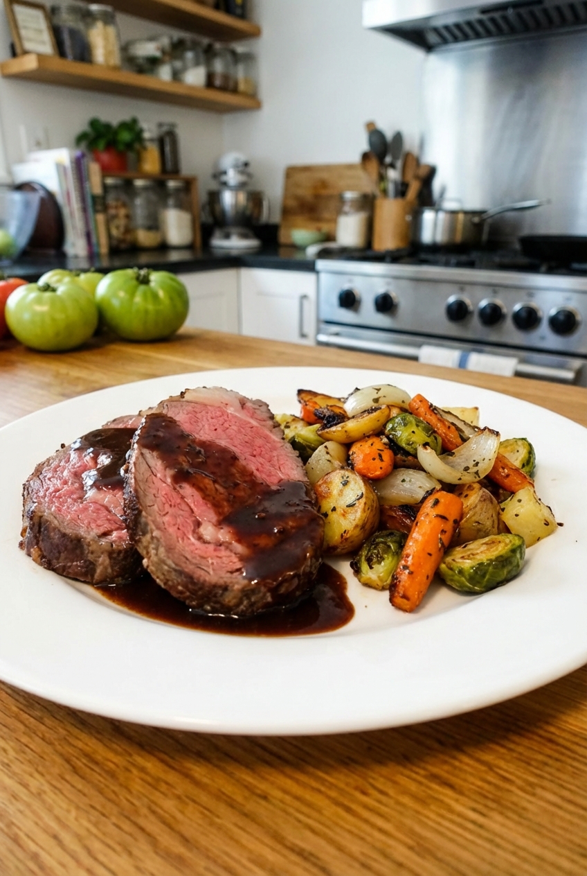 A plate with two slices of standing rib roast, roasted vegetables, and a spoonful of pan sauce