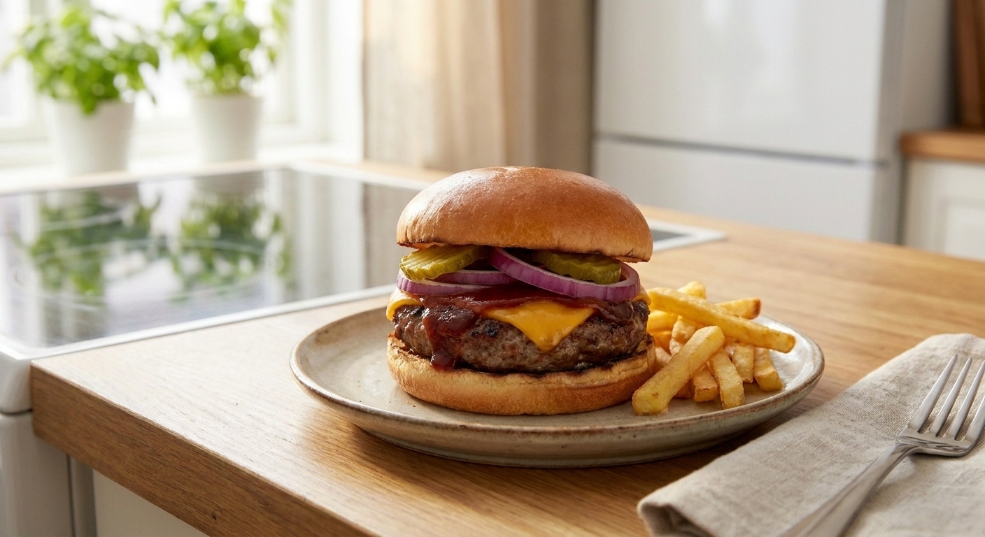 A plated BBQ cheeseburger on a toasted bun with pickles and red onion, served with a simple side of fries on a wooden table in natural light