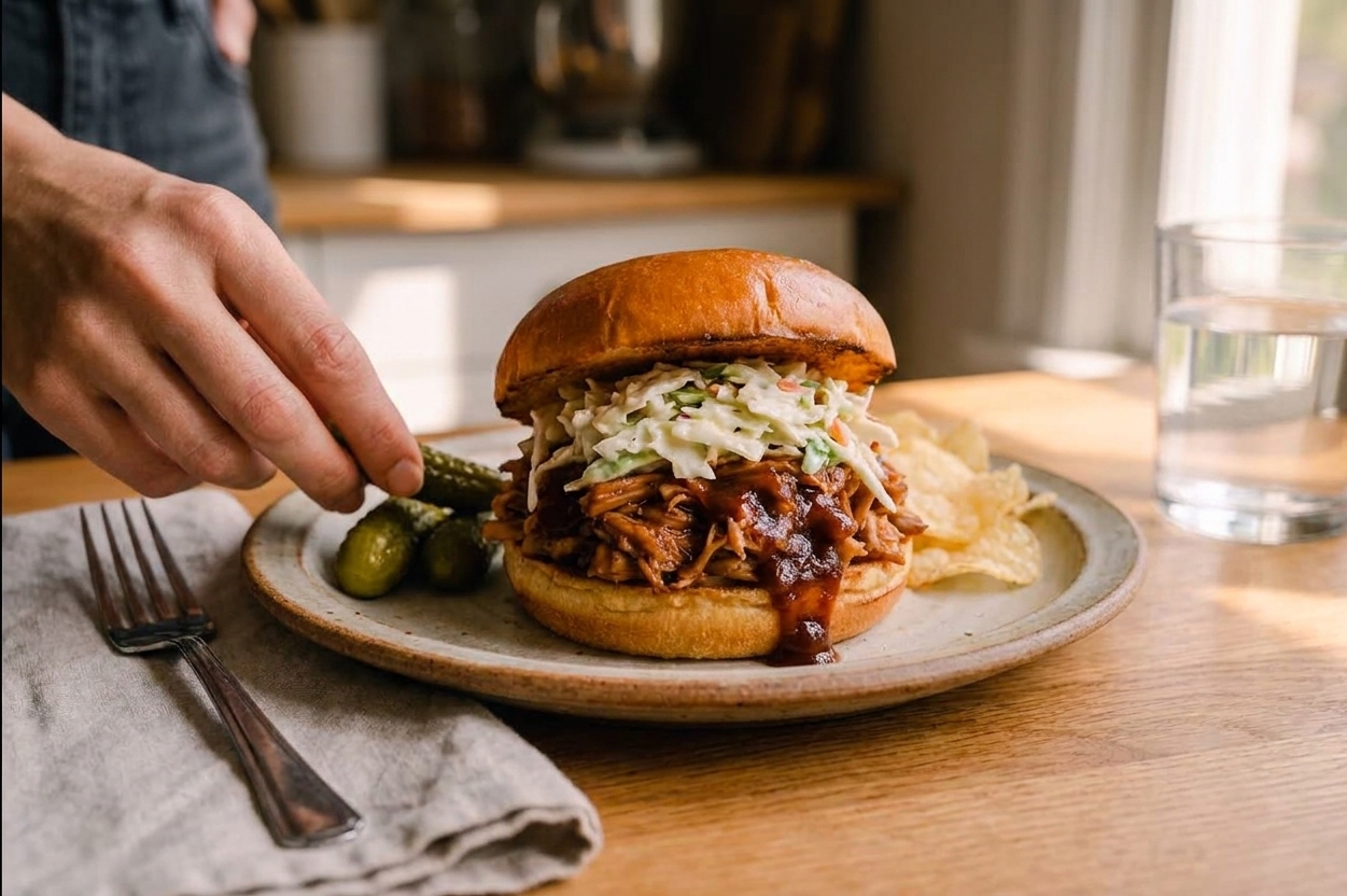 A plated BBQ jackfruit sandwich on a toasted bun with creamy slaw, pickles on the side, and a casual weeknight table setting in warm natural light