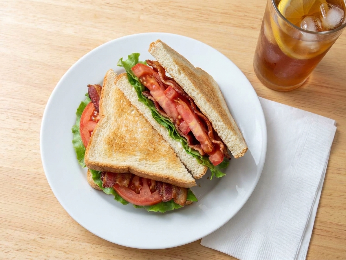 A plated BLT sandwich cut into halves with visible layers of bacon, lettuce, and tomato, served on a simple ceramic plate with a napkin and a glass of iced tea on a kitchen table