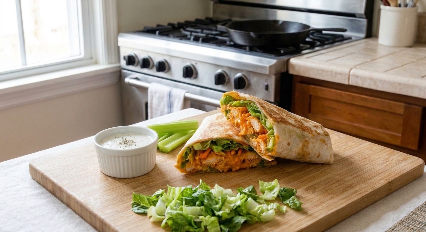 A plated Buffalo chicken wrap cut in half on a wooden board with a small bowl of ranch, celery sticks, and scattered lettuce on a bright kitchen table