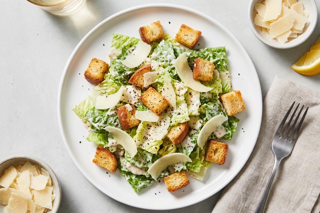A plated Caesar salad made with chopped romaine, croutons, and shaved Parmesan on a simple white plate at a kitchen table