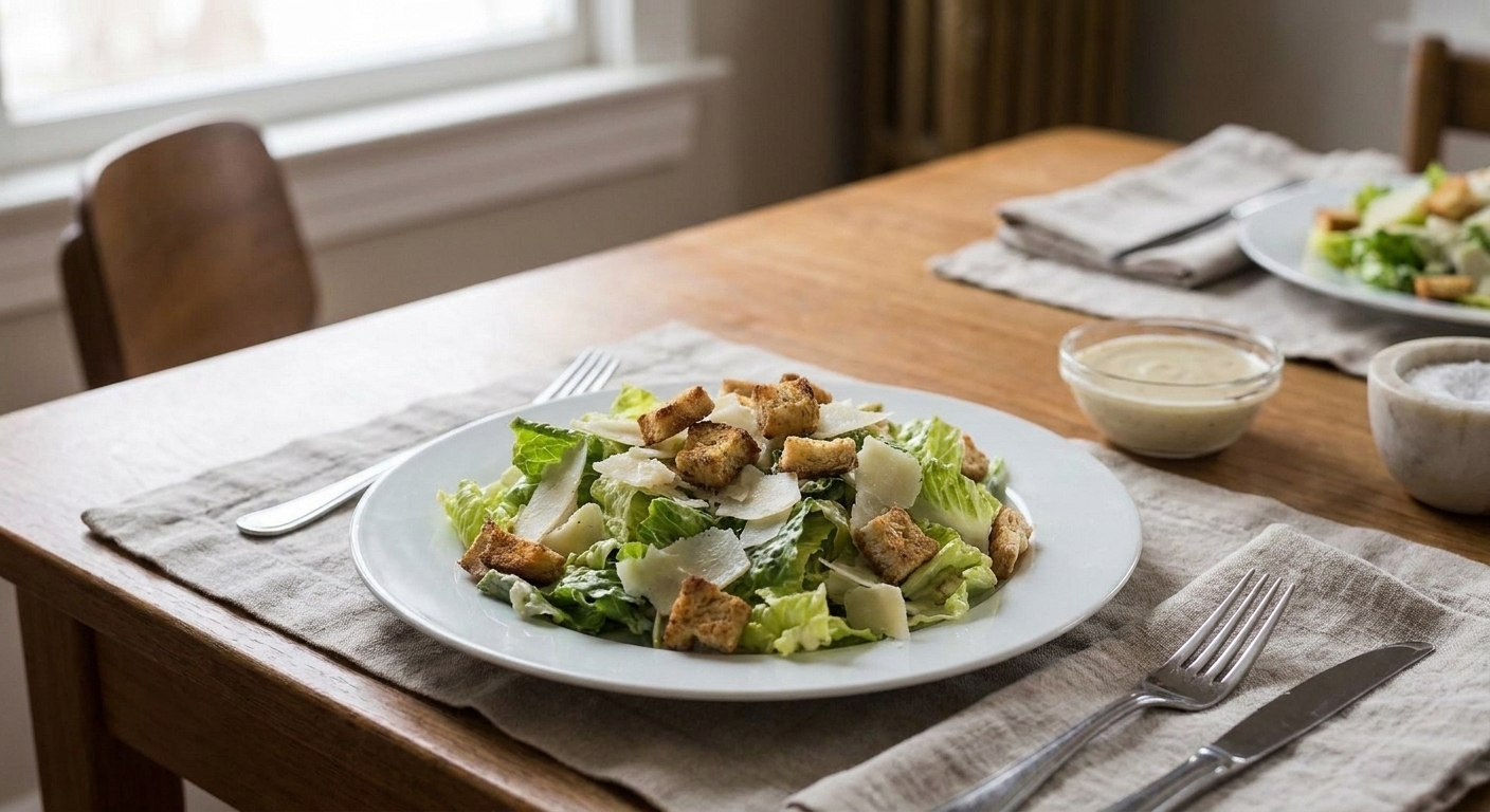 A plated Caesar salad with crisp romaine, croutons, and shaved Parmesan on a simple dinner table setting