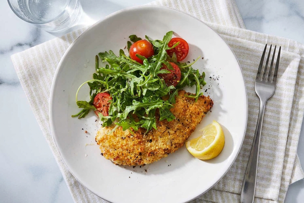 A plated Chicken Milanese<!-- inpage-recommendation:20802 --> cutlet topped with arugula salad, with a lemon wedge on the side and a fork ready at the table