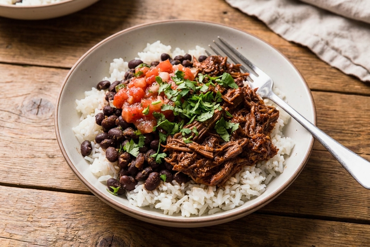 A plated Chipotle-style barbacoa burrito bowl with shredded beef, white rice, black beans, salsa, and cilantro on a wooden table in warm natural light