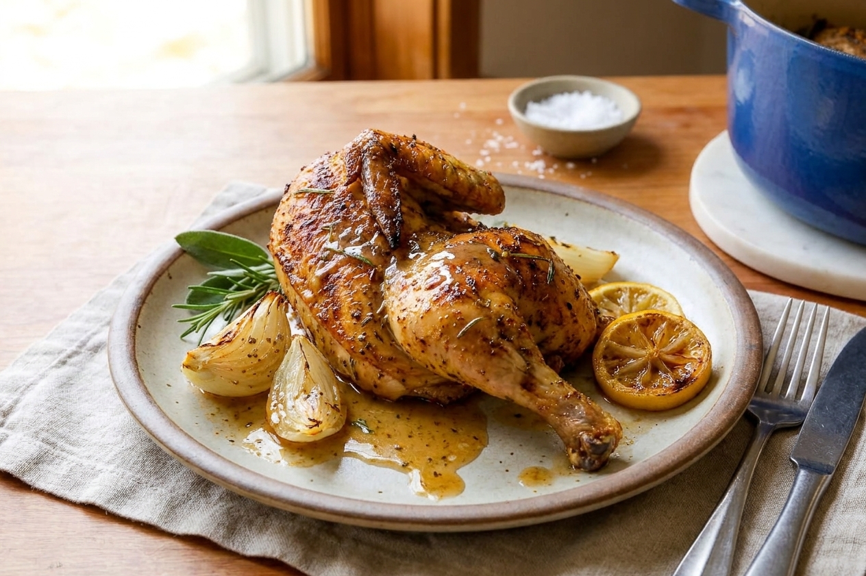 A plated Cornish game hen half with pan juices, roasted onion wedges, and lemon on a ceramic plate at a simple table setting