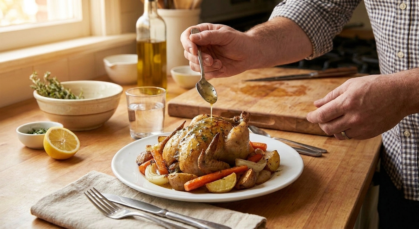 A plated Cornish game hen with lemon herb pan sauce drizzled over it, served with roasted vegetables on a warm dinner table