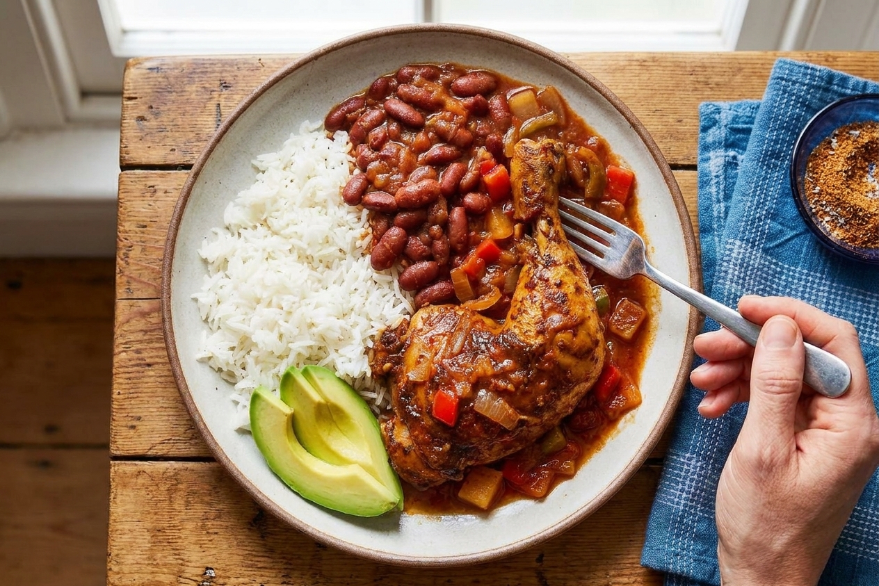 A plated Dominican La Bandera meal with fluffy white rice, stewed red beans, and saucy stewed chicken on a simple ceramic plate on a home kitchen table