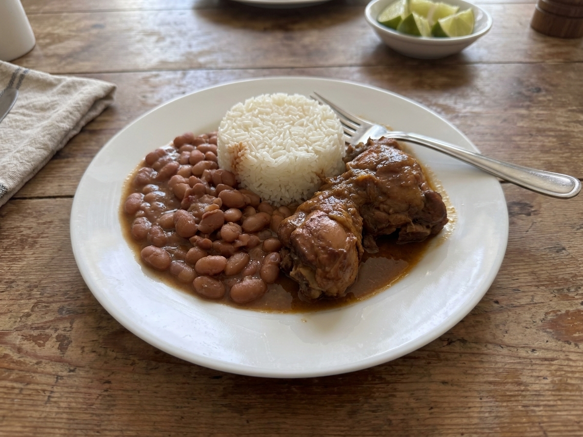 A plated Dominican la bandera meal with fluffy white rice, saucy red beans, and tender stewed chicken on a white plate on a wooden table
