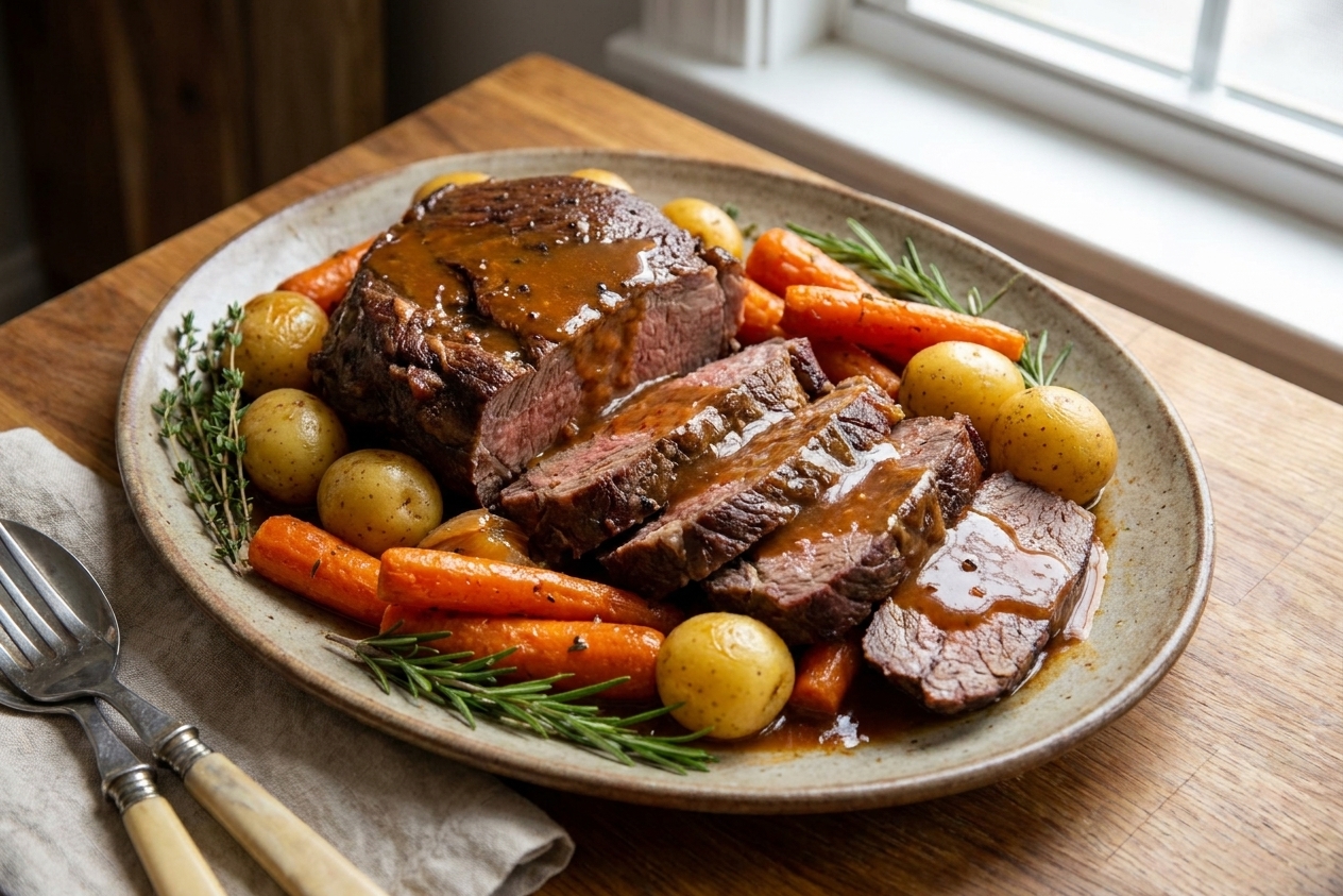 A plated Dutch oven pot roast sliced thick with carrots and potatoes on a rustic platter, glossy brown gravy spooned over the top, warm kitchen table setting with soft natural light