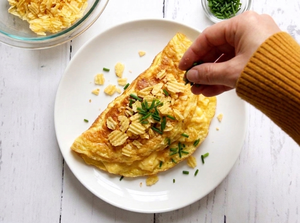 A plated French-style omelet filled with melted herbed cheese and topped with crushed potato chips and chopped chives on a white plate under warm kitchen lighting