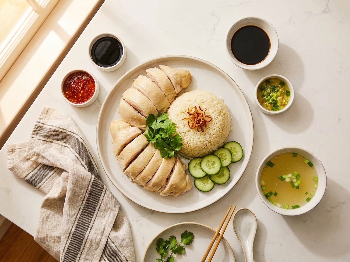 A plated Hainanese chicken rice set with sliced poached chicken, a mound of glossy fragrant rice, cucumber slices, a small bowl of clear broth, and three small sauce dishes on a neutral kitchen table