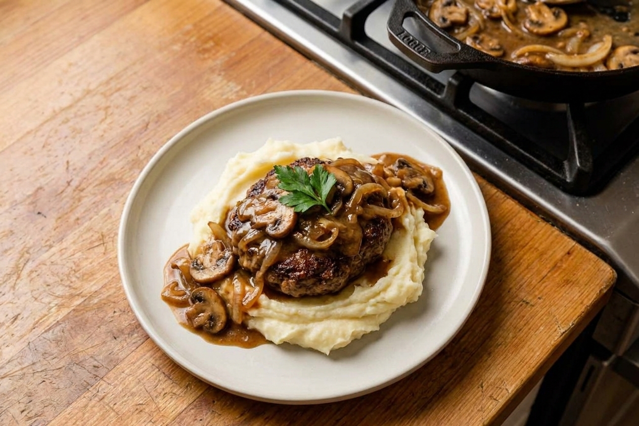 A plated Hamburg steak patty on creamy mashed potatoes topped with onion mushroom gravy, served on a simple dinner plate at a kitchen table