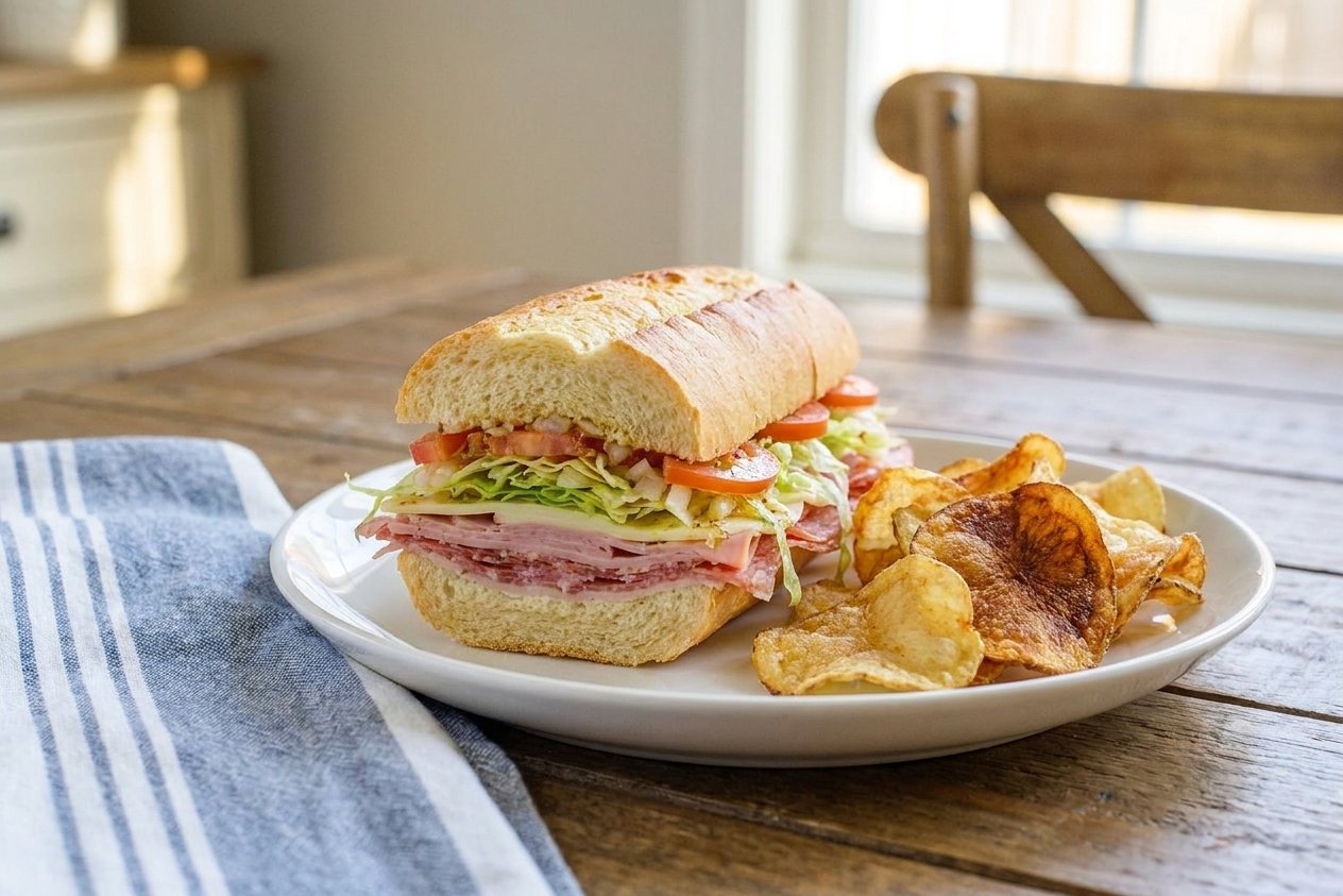 A plated Italian sub half with a small side of chips and a napkin on a dining table, warm natural light