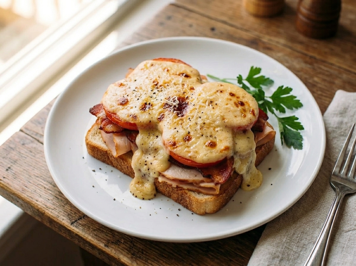 A plated Kentucky Hot Brown on a white dish: toasted bread topped with sliced turkey, tomato, crispy bacon, and golden bubbly Mornay sauce, set on a simple wooden table with warm natural light