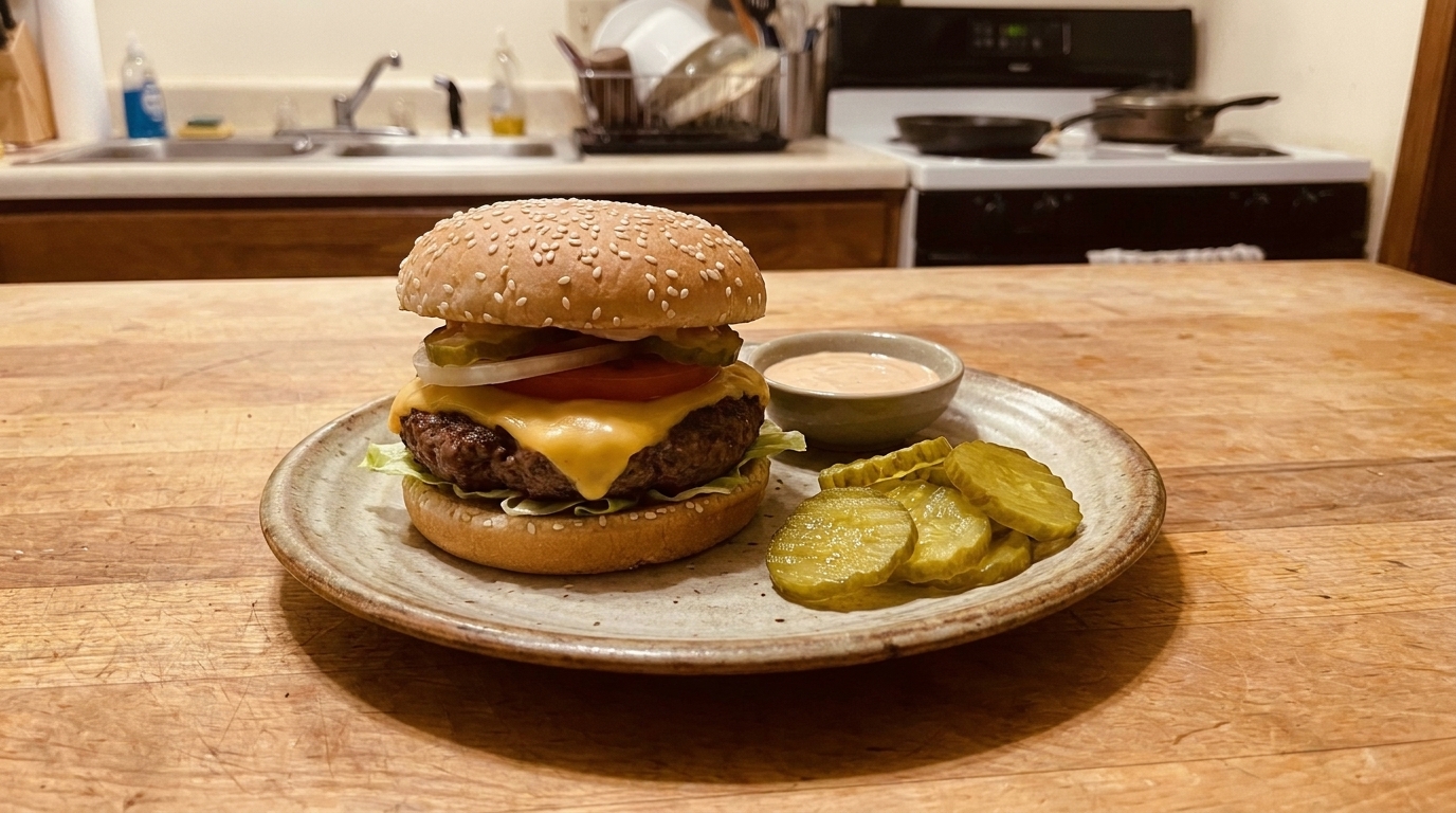 A plated Krabby Patty inspired cheeseburger on a ceramic plate with pickles and a small ramekin of sauce on a wooden table in warm kitchen light