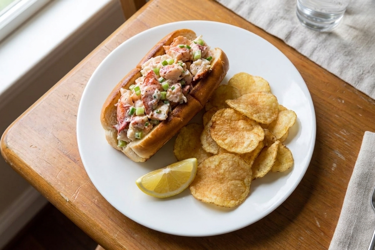 A plated Maine lobster roll with kettle chips and a lemon wedge on a simple white plate at a kitchen table